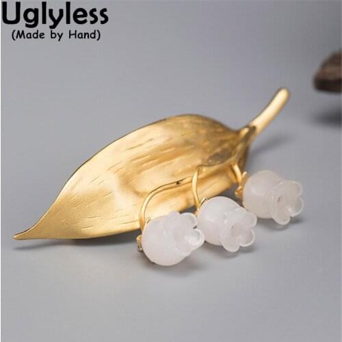 Uglyless Lily of the valley Flowers Jade Brooches Women Gold Leaf Pins Brooches 925 Silver Gemstones Evening Party Dress Jewelry