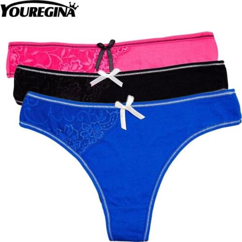 YOUREGINA Thong Sexy Cotton Lace Solid Bow Women Soft Underwear Panties Intimates Lady Lingerie Comfortable Girl 3pcs/lot M L XL