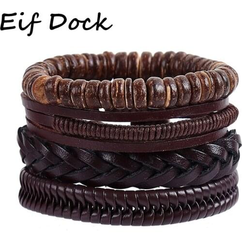 Eif Dock Vintage 4pcs/Set Leather Rope Handmade Bead Woven Bracelets Women Bangles Female Homme Men Jewelry Accessories
