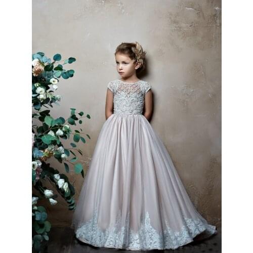 Flower Girl Dresses Beaded Crystal Lace Up Applique Ball Gown First Communion Dress for Girls Customized Vestidos Longo