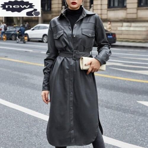Autumn New Women Military Style Long Pu Leather Coat Fashion Ladies Belted Windbreaker Single Breasted Outerwear Trench