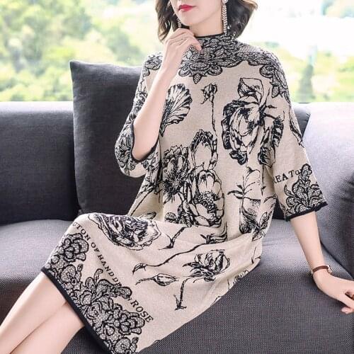 2021 Vintage Floral Midi Dresses Autumn Winter New Female 3XL Plus Size Long Sleeve Dress Elegant Women Bodycon Party Vestidos