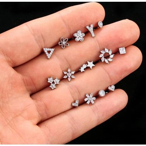 1pcs CZ Cartilage Helix Earring Tragus 16G Stainless Steel Ear Piercing Jewelry Rock Conch Screw Back Stud Earing Prong Piercing