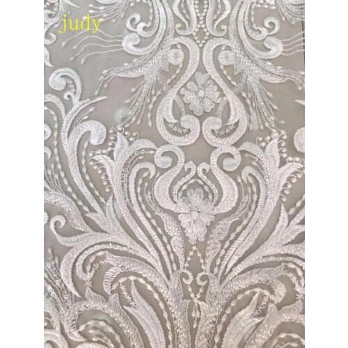 5yards White embroidery lace sequined beads fashionable European and American style fabric used for wedding dress design