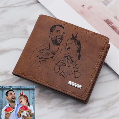Mens Biford Wallet Soft PU Leather Handmade Personalized Photo Wallet Engraved Text Fathers Day Gifts for Dad Men Him Husband