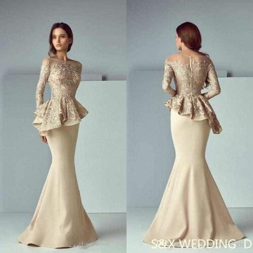 Cheap Arabic Champagne Lace Stain Long Evening Dresses 2020 Jewel Sheer Neck Long Sleeve Dubai Mermaid Prom Dress Robe De Soiree