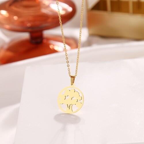 DOTIFI 316L Stainless Steel Necklace Round Pendant Hollow Pine Tree Necklaces For Women Gifts Jewelry Collares Bijoux Femme