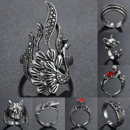 30 Styles Retro Punk Snake Cross Dragon/Leaf/Evil Eye Ring for Men Women Exaggerated Antique Silvery Open Rings Cocktail Party