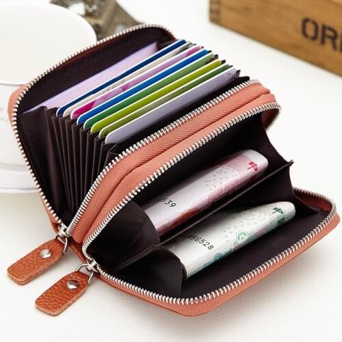 10 Card Slots Wallet Organ Card Holder Mens Card Wallet Leather Multi-function Womens Card Holder ID Coin Purse Double Zipper