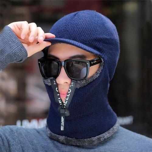 Men Zipper Hooded Hat Scarf Knit Plush Hat Scarves With Brim Male Cap Scarf Solid Winter Neck Warmer Adult Wear Gray Accessorie