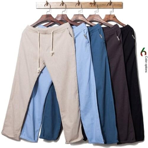 Summer Mens Long Trousers Linen Blends Loose Thin Casual Pants Straight Male Solid B16