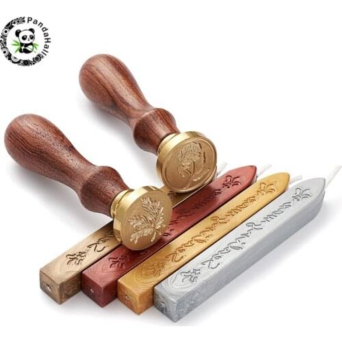 Pandahall 1Set Vintage Sealing Wax Seal and DIY Letter Scrapbook Brass Stamps and Wood Handle Sets for Jewelry Tools Mixed Color