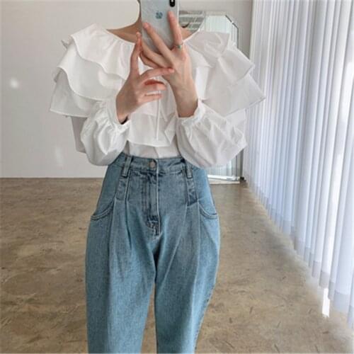 Solid Color White Womens Blouse Korean Ruffles Long Sleeve Pullover Tops Female All-matched Tunic Summer 2021