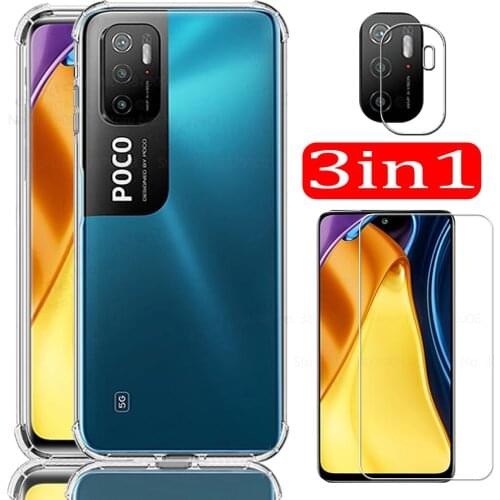 Transparent silicone shockproof cases for poco m3 pro 5G Phone tempered glass little m3 pro camera NFC protection film covers