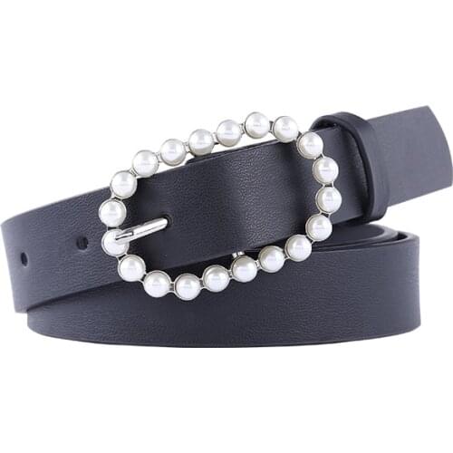 Kemeiqi Ladies Black Belt, Ladies High-end Belt with Rhinestone and Pearl Buckle, Ladies Fashion Belt Ladies Belt