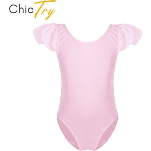 ChicTry Kids Cotton Ruffle Sleeve Professional Ballet Leotard Girls Solid Color Gymnastics Leotard Bodysuit Children Dance Wear