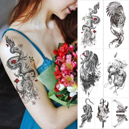 Waterproof Temporary Tattoo Sticker Plum Sun Dragon Tattoos Black Line Eagle Lotus Body Art Arm Fake Sleeve Tatoo Women
