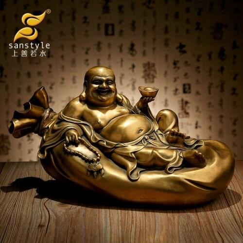Chinese Brass Wealth YuanBao Coin Bag Happy Laughing Maitreya Buddha Statue