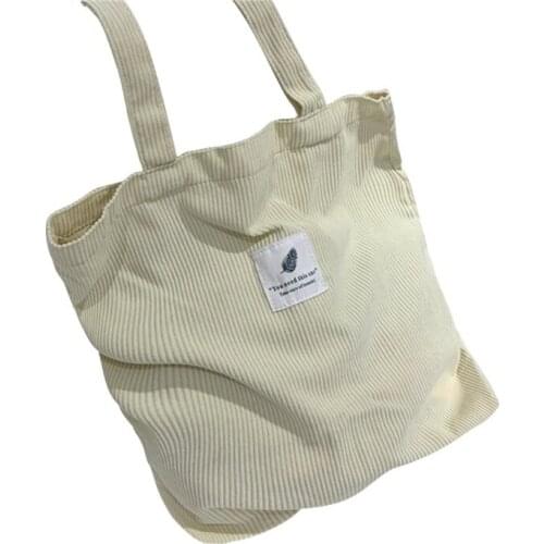 Women Corduroy Ribbed Velvet Tote Bag Letters Label Solid Color Shoulder Handbag