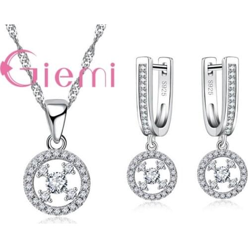 New Arrival Super Shiny Cubic Zircon Elegant Earrings+Crystal Pendants Necklace Sets 925 Sterling Silver For Women Gift