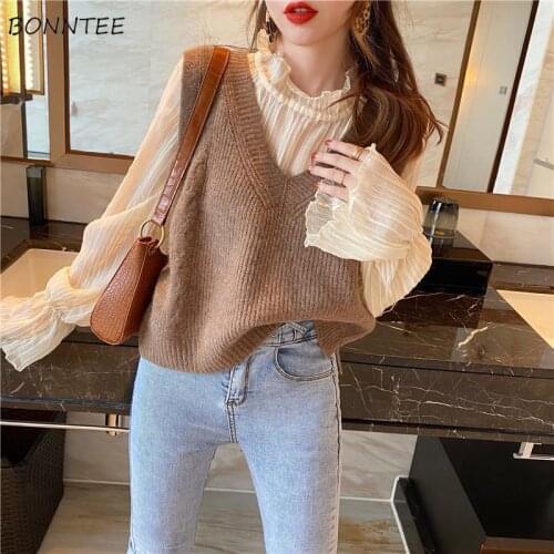 Sweater Vest Women V-Neck Loose Minimalist Autumn All-match Knitted Wear Large Size Korean Version Fashion Popular Clothing Lady
