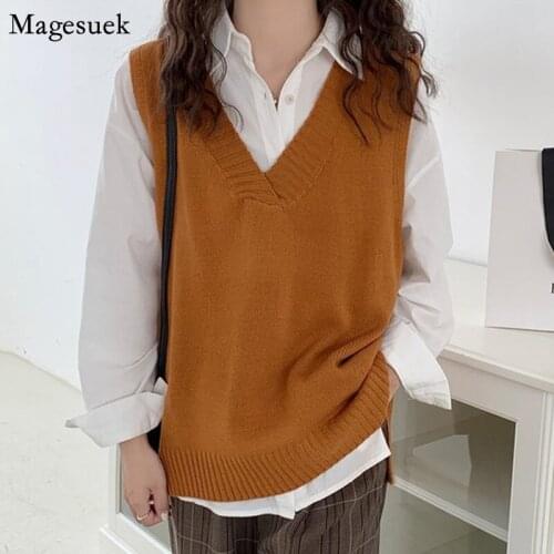 V-neck Knitted Sweater Vest Women Autumn 2021 Sleeveless Loose Pullover Female Sweater Preppy Style Casual Knit Vest Tops 16927