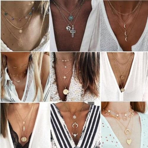 Moon Star Crystal Heart Choker Necklace for Women Multi Layered Pearl Choker Necklaces Collar Coin Pendant Necklace Jewelry