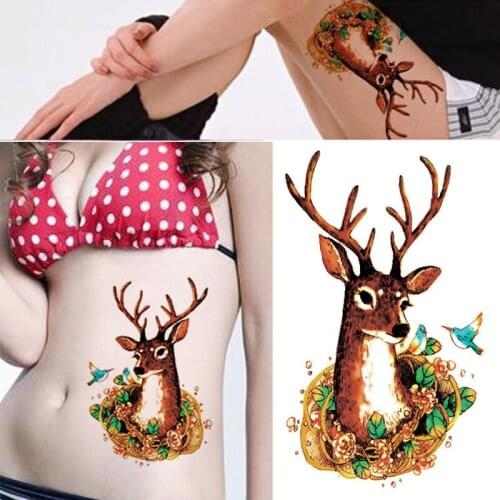 1 Pcs Fashion New Style Deer In Flowers Birds Temporary Tattoo Stickers Body Art Waterproof High Quality Tattoo Stickers Tools