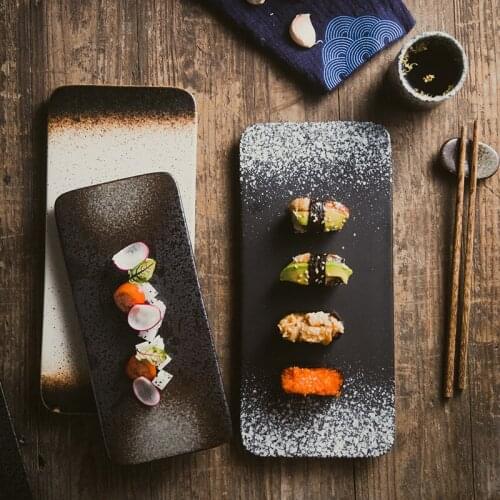 12 inch Japanese ceramic tableware rectangular sushi plate commercial retro steak western flat plate household dessert plate