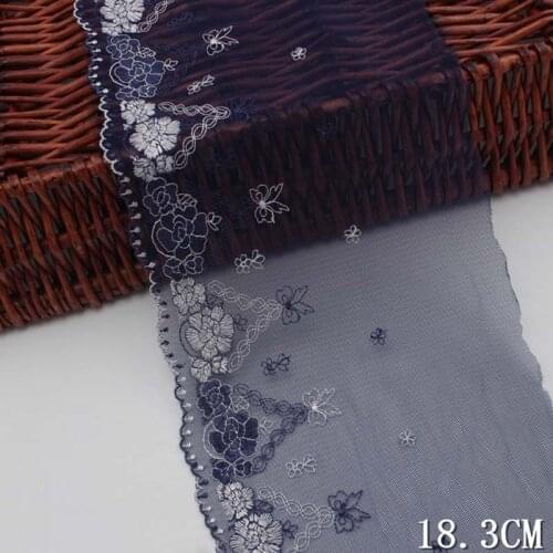 2Yards 18.3cm Embroidered Lace Trim Dark Blue Flower Mesh Tulle Fabric Apparel Sewing Dress Blouse Skirts Patchwork Accessories