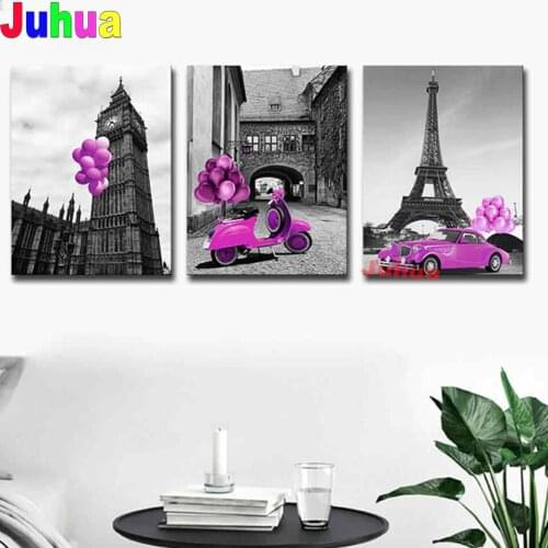 3 Piece Diamond Embroidery Classic French architecture Car Romantic Painting Full Diamond Painting Wall Art,Triptych,Home Decor