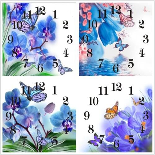 Full Square/Round Diamond Painting Cross Stitch With Clock Mechanism Mosaic 5D Diy Butterfly Blue Flower 3d Embroidery Gift