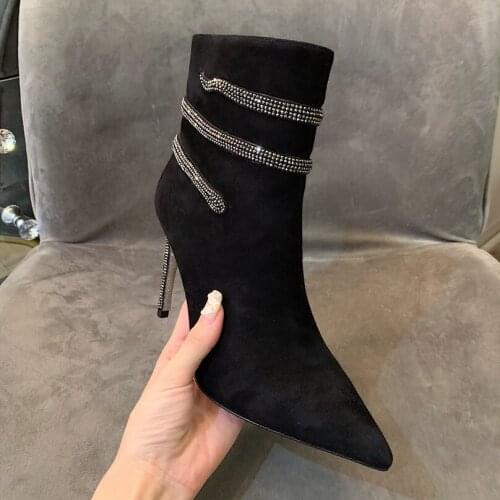 New Autumn Women Boots Zip Women Shoes Rhinestones Genuine Leather Ankle Boots Woman Pointed Toe High Heels Fashion Shoes Woman