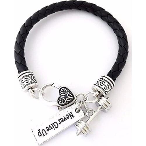 Black Leather Braided CrossFit Weight Lifting Fitness Dumbell Barbell Charm Bracelet "Never Give Up"