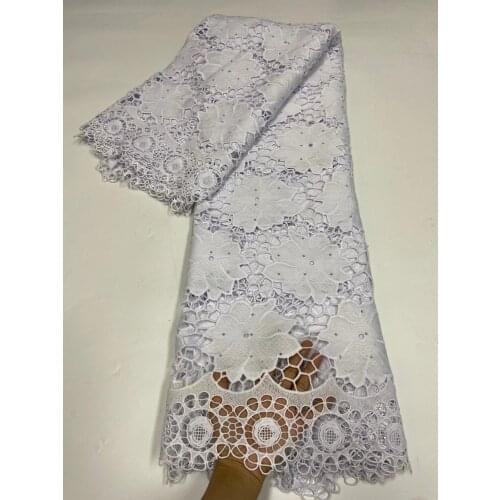 Pure white Fashion flower Milk Silk African Cord Lace Guipure Lace Fabric with Stone 2020 High Quality Water Soluble Lace Sew