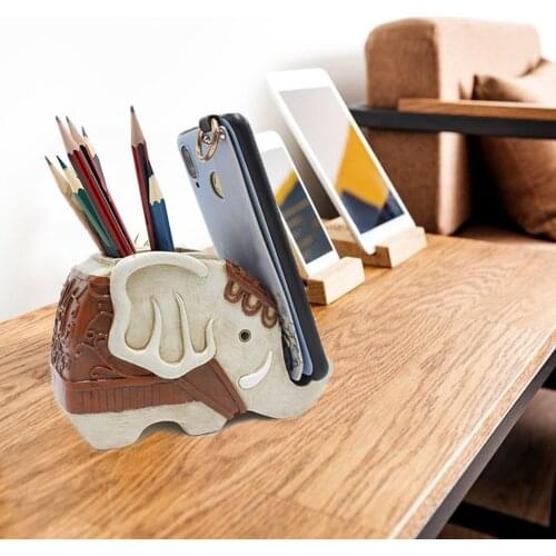 Elephant Phone Holder Container Stationery Box, Creative Decor, Resin Bracket Stand ,Stationery Supplies for Pen Pencil Storage