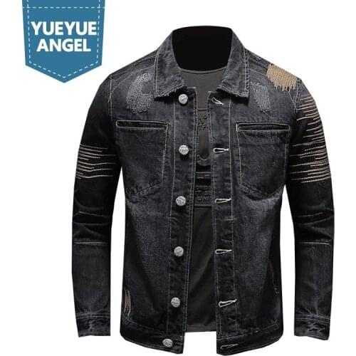 Spring New Mens Vintage Embroidery Denim Jacket Single Breasted Cowboy Coat Fashion Slim Fit Man Biker Jean Jackets Big Size 5XL