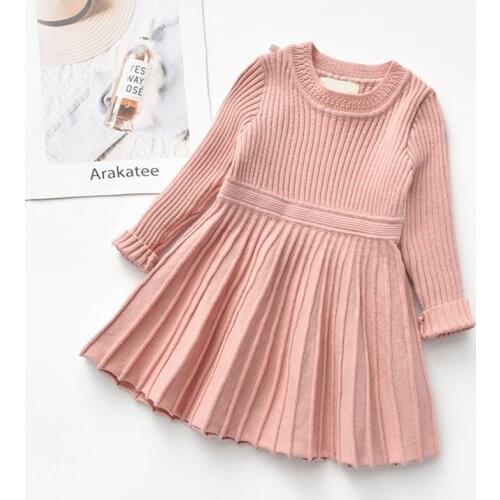 Keelorn Girls Flowers Pattern Dress Fashion Girl Kids Knitted Straight Sweater Dresses Children Autumn Bow Sweet Party Clothing