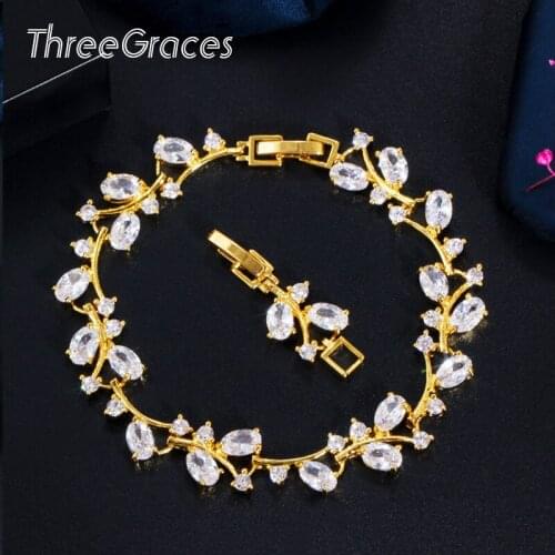 ThreeGraces Classic African Dubai Gold Bridal Jewelry Sparkling White Cubic Zirconia Stone Leaf Branch Bracelet Women Gift BR120
