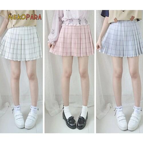 Plaid Checks Summer Womens Japanese Style A-line Mini Skirt Pleated Skirt Pink & Sky Blue & Beige