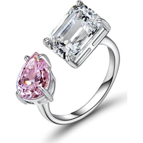 Fashion 100% 925 Sterling Silver Emerald Cut Created Moissanite Pink Sapphire Gemstone Engagement Open Ring Ladies Fine Jewelry
