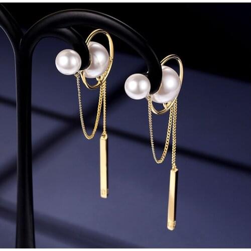 Korea Fashion 925 Silver Needle Drop Earrings Pearl Double Metal Gold Color Temperament Wedding-Jewelry Pendant Earrings Tassel