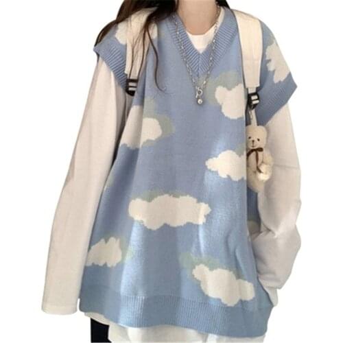 2021 Two piece suit / one piece Korean Fashion blue sky white print knitted sweater vest with long sleeve white T-shirt ZY5861