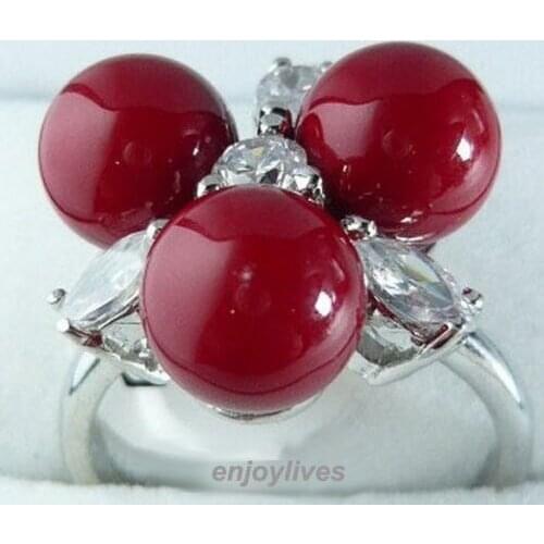 Ddh0122 Red Coral 3 Beads Crystal White Plated Ring Size: 7.8.9 can choose