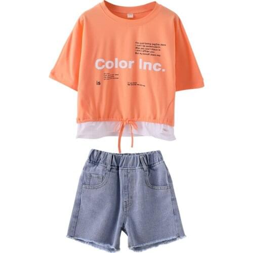 Summer Girls Outfits Short Sleeve Cotton Casual Loose Tshirts+Denim Shorts Kids Fashion 2pcs Sets Streetwear Little Girl Clothes