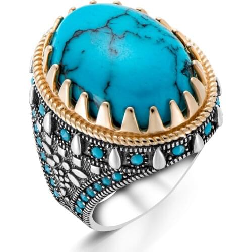 Solid 925 Sterling Silver Oval Turquoise Stone Turkish Style Mens Ring