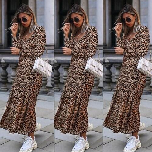 New Autumn Winter V-Neck Long Sleeve Ruffles Beach Dress Sexy Leopard Printed Pleated Dress Women Fashion Tide Back Zipper Robe