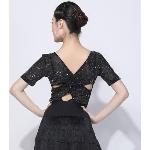 Latin Dance Clothes Women Adult Sequin Dance Tops Short Sleeves Practice Wear Ballroom Competition Dress Dance Shirt VDB2384