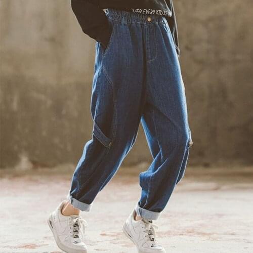 Autumn 2021 Blue Jeans Harm Pants Baby Big Girls Mid Waist Loose Denim Trousers Clothing Kids Casual Sport Pant Children Bottoms