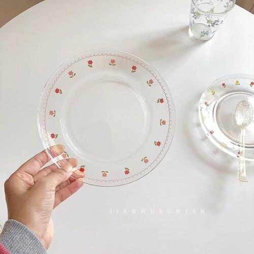 접시 Plateau Paragraph Tulip Glass Plate Vintage Girl Heart Broken Flower Dessert Plates Ins Korean Тарелки Поднос Decorative